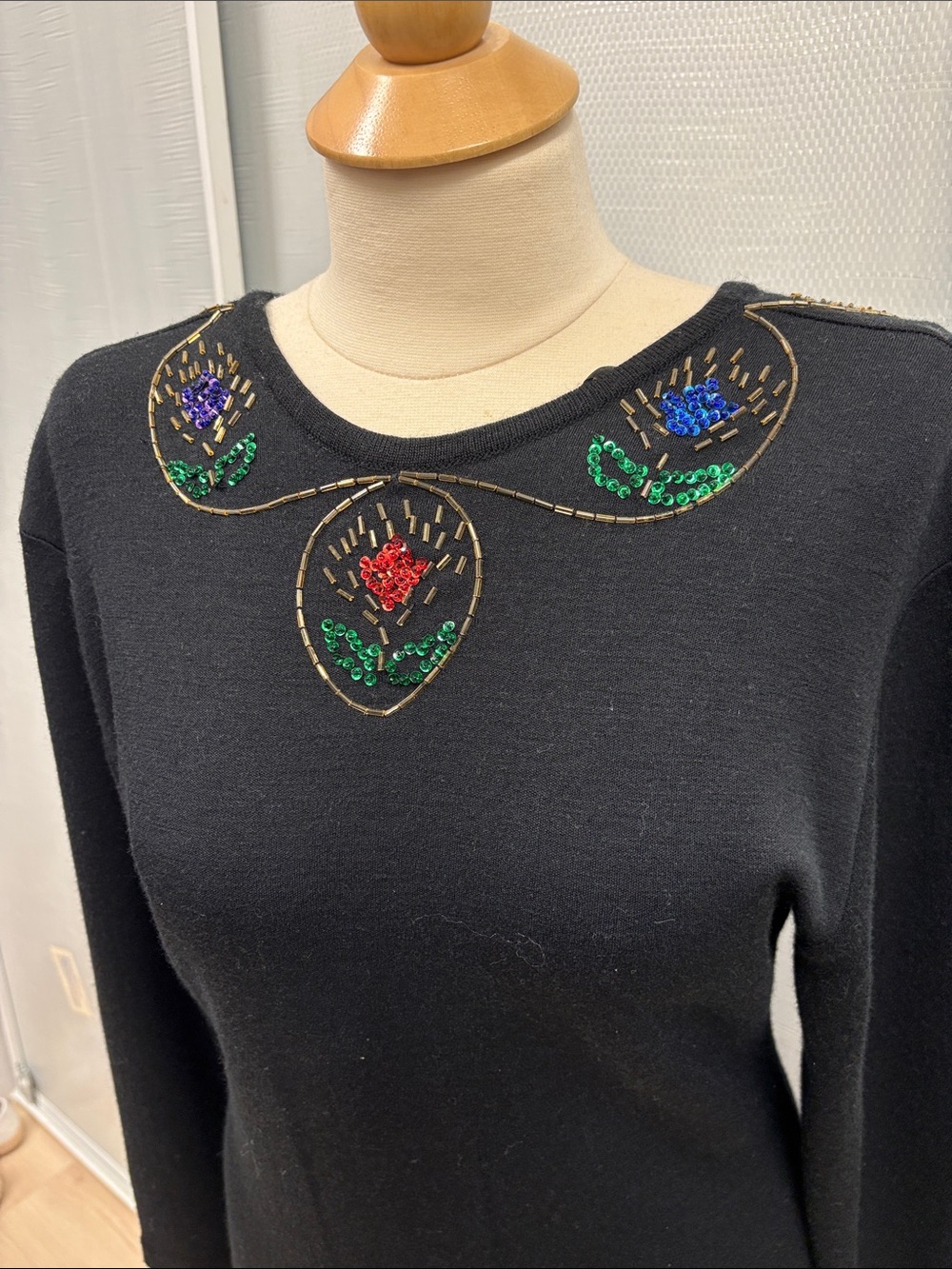 Claiborne Black Long-Sleeve Sweater Dress with Multicolor Bead Embellishment